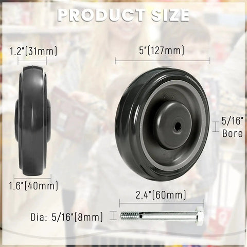 Product size diagram for 4 Pack 5 Inch TPU Shopping Cart Wheels Replacement With Screws For Five Sixteenth Inch Bore Quiet Double Ball Bearing