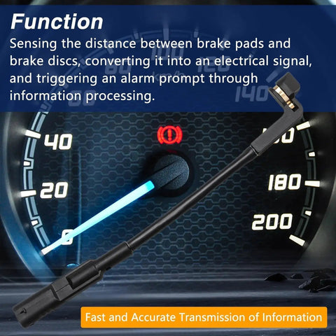 KPALAG front disc brake pad wear sensor, black plastic with metal contact, displayed over a car speedometer