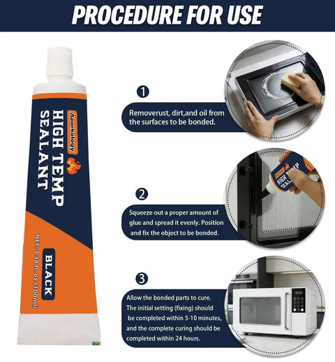 Image of Heavy-Duty High Temperature Silicone Sealant For Ovens And Appliances, Boss Level Heat Resistant Glue, 3.38 Fl Oz tube with application steps.