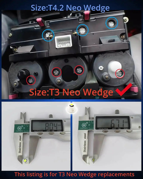 10 Pack Ultra Bright Ice Blue T3 Neo Wedge LED Bulbs fitting shown with measurements and instrument cluster compatibility details