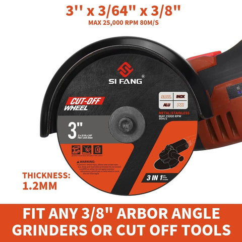 Close-up of a 3-inch cut-off wheel mounted on a grinder from the All In One 25 Piece 3 Inch Die Grinder Cut Off Wheel Set With One Quarter Inch And Three Eighth Inch Arbor Mounting Mandrels In Durable Pouch For Metal And Stainless Steel Rotary Tool Drill Attachment Cutter Discs.