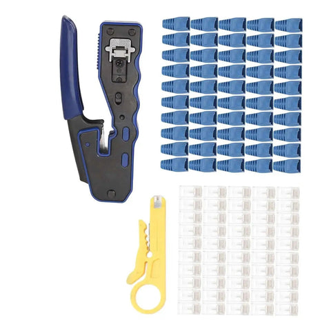 All-In-One RJ45 Ethernet Crimping Tool for Cat5, Cat5e, Cat6, and Cat6A pass-through connectors with stripping and cutting tool