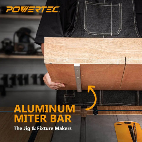 Person holding wooden board with attached Aluminum Miter Bar from Crosscut Sled and Miter Bar Set for Table Saws, 2 Pack.