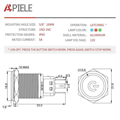 Technical diagram of 16mm Beefy Latching Push Button Switch with 12V LED Ring, 1NO1NC SPDT On Off, metal housing, blue ring light.