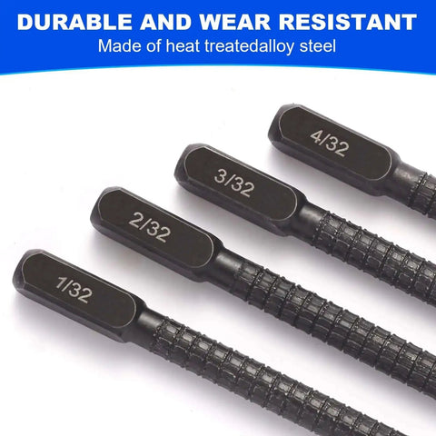 Close-up of Pro Grade 4 Piece Center Punch Set with hardened steel punches in sizes 1/32, 2/32, 3/32, and 4/32 for metal and woodworking.