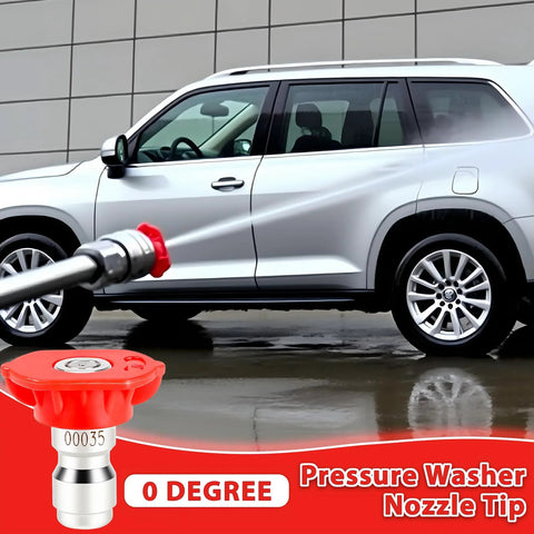 Pressure washer nozzle tip, red 0-degree, 1/4-inch quick-connect, mounted on spray wand aimed at a silver SUV.