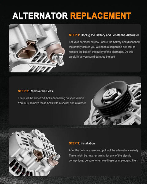 Installation steps for 90 Amp 12V Drop In Alternator For 2003-2004 Hyundai Elantra 2.0L, 2003-2004 Hyundai Tiburon 2.0L, 2004-2006 Kia Spectra 2.0L, And 2005-2006 Kia Sportage 2.0L Replace OE 13973 With Easy Install, Durable Power, And Smooth Electrical Output
