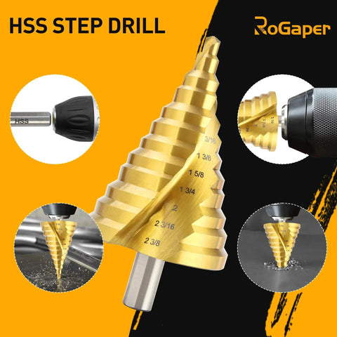12 Step Spiral Groove Drill Bit Set In High Speed Steel From One Quarter Inch To Two And Three Eighths Inch With Quick Change One Half Inch Shank For Iron Aluminum Copper Plastic Wood Cuts Holes Fast And With Less Friction