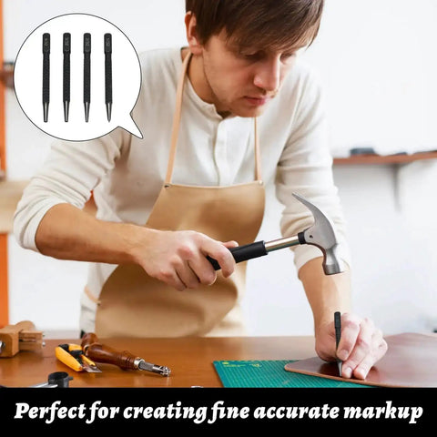 Person using 4 Piece Center Punch Set For Metal Marking And Hole Starting Points, Hardened Steel Tips, Durable Black Finish