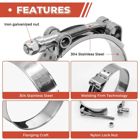 Close-up of 2 Pack 2 Inch T Bolt Hose Clamps Stainless Steel 304 56mm To 64mm Working Range Suitable For 2 Inch Hose ID
