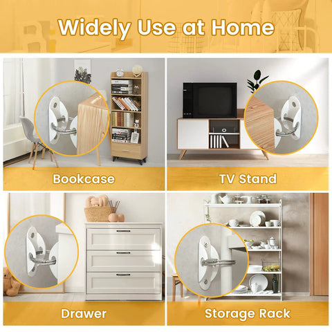 Keep Kids And Pets Safe With This 10 Pack Of Furniture Anchors Heavy Duty Anti Tip Straps That Secure Heavy Furniture Up To 400 Lbs White Metal Earthquake Straps For Baby Proofing And Home Safety shown securing various furniture in home setting