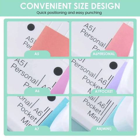 Convenient size design for A5 to A8 notebooks, showcasing 3 Hole Paper Puncher With Ergonomic Handle Grab And Go Portable Desktop Binder