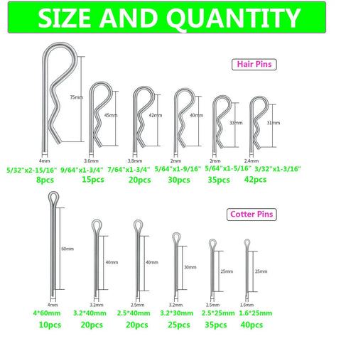 300 Piece Cotter Pin And R Clip Set For Car And Home Use With Zinc Plated Steel Fasteners Includes Multiple Sizes M1.6 M2.5 M3.2 M4 And Inch Sizes 3/32 5/32 5/64 7/64 9/64 Hair Pins And Hitch Pins size chart