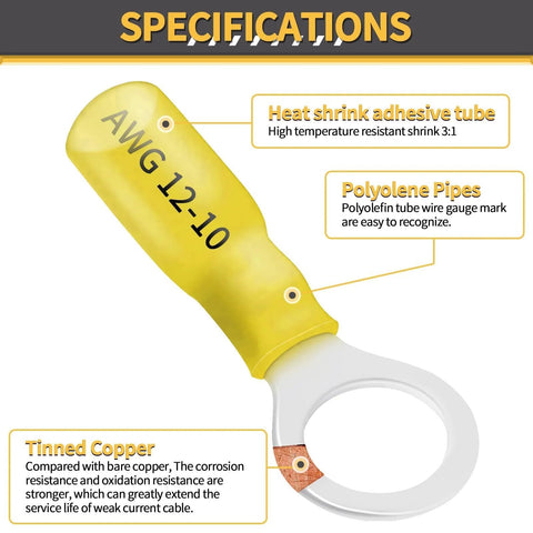 Heat shrink wire connector kit: yellow insulated sleeve with AWG 12-10 marking and tinned copper contact