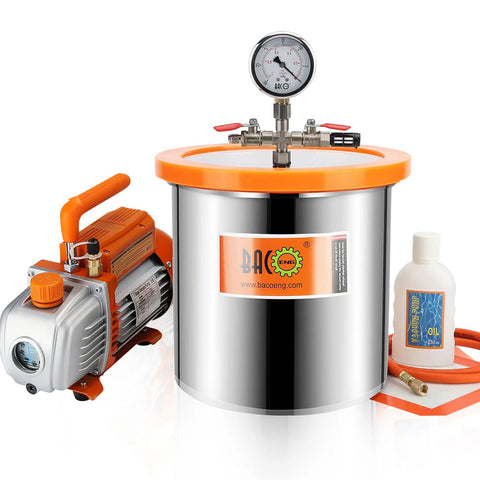 BACOENG 3-gallon stainless steel vacuum chamber with orange lid, gauge, and attached pump.