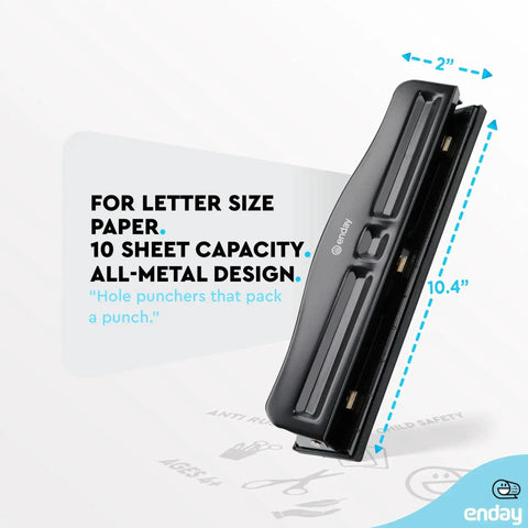 Heavy Duty Three Hole Punch For Binders Adjustable 10 Sheet Paper Punch Metal Three Ring Punch With Built In Waste Chip Tray Desktop 3 Hole Puncher With Rubber Base Black, side view