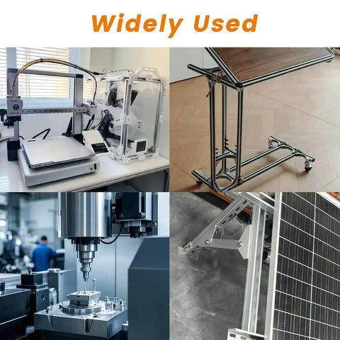 Various applications of Nickel Plated M6 Sliding T Nuts for 2020 2040 2060 aluminum extrusion in CNC, furniture, and solar panel setups