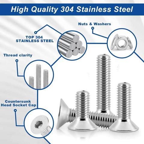 Ultimate M3 Countersunk Socket Cap Screws Set In 304 Stainless Steel, 500Pcs, 8 Lengths, with M3 Nuts and Flat Washers