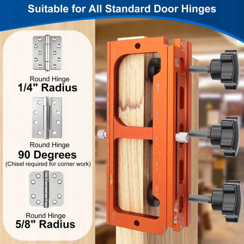 Pro Grade Aluminum Door Hinge Jig Kit for Router Mortise Template on door with adjustable settings and radius options displayed
