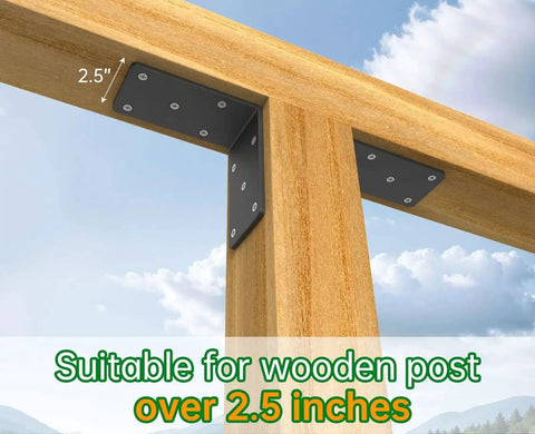 Beefy Heavy Duty 5x5 Inch L Bracket Set For Shelves Fences Pergolas And Posts supporting wooden structure outdoors