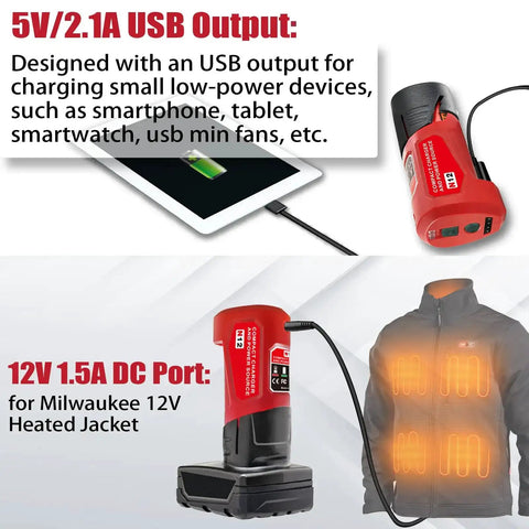 M12 USB Power Source Charger Adapter For 12V Battery Type C Input 2.1A USB Port And 12V DC Outlet charging devices and jacket