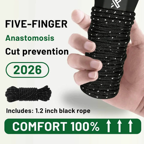 Hand holding black rope-wrapped handle with text 'Five-Finger Cut Prevention 2026', includes 1.2-inch black rope, comfort design