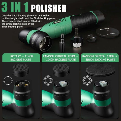 Cordless Car Buffer Polisher Kit With Dual Action And Rotary Modes, 1 inch and 3 inch heads, showing rotary and orbital modes
