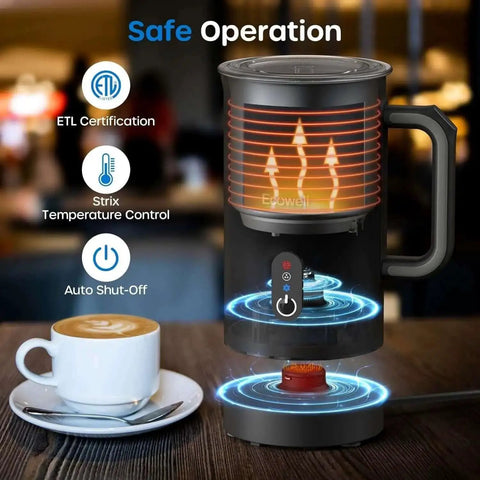 4 In 1 Automatic Milk Frother And Steamer For Coffee Lovers Hot Chocolate Maker Warm And Cold Foam For Lattes Cappuccinos Macchiatos And More 8.1 Ounce 240 Milliliter Capacity One Touch Programs next to a cup of cappuccino