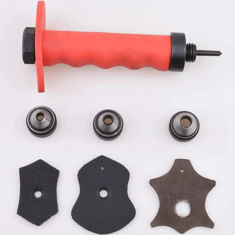 Pro Grade Leather Punch Set With 13 Hollow Punch Heads includes punch shaft, tools, and leather pieces for crafting projects.