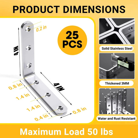 Sturdy Stainless Steel 4x4 Angle Brackets 3mm Thick Heavy Duty 90 Degree Corner Braces dimensions and features