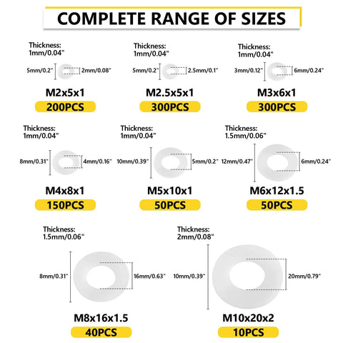 Complete range of sizes for 1200Pcs White Nylon Flat Washers Set For Screws And Bolts M2 To M10 Perfect For DIY And Pro Jobs.