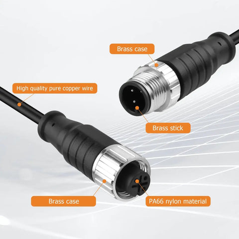 Close-up of M12 3 Pin Connector Cable 1 Male 1 Female Aviation Sensor Wiring Cable 25cm, showcasing brass and nylon casing materials.