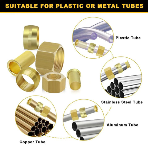 Six Size Brass Compression Fittings Kit With 255 Pieces including sleeves, for 1/2 to 1/8 inch tubes, suitable for plastic and metal tubing