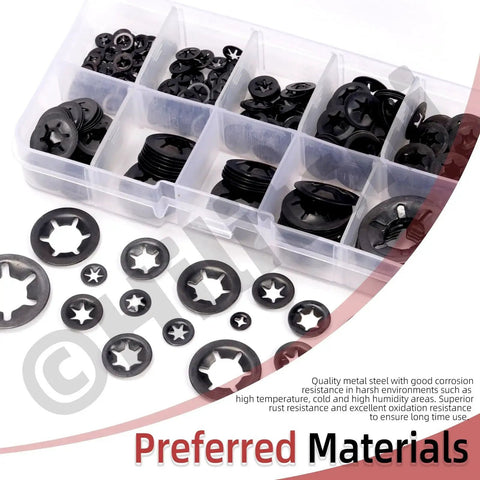 Hilitchi star lock-washer assortment, 351 pcs in 9 sizes (M2–M12); black-oxide steel with tweezers in organizer