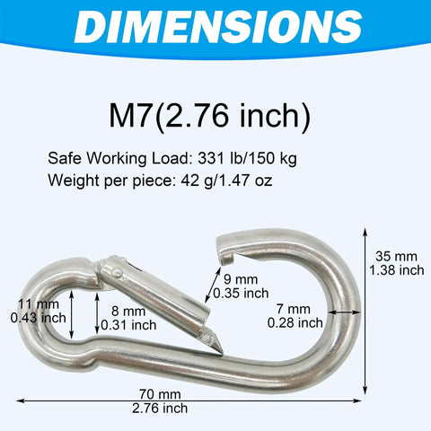 Front view of marine-grade 316 stainless steel carabiner (M7, 2.76 in) with dimension arrows.
