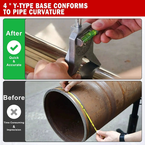 Versatile Pipe Center Finder Anblak Pipe Fitting Tool with centering head and dial bubble protractor, used on a pipe.