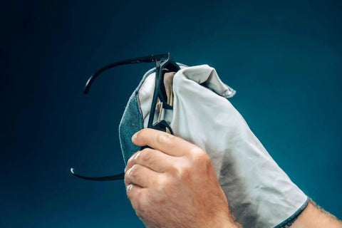Hands using Premium Microfiber Glass Cleaning Cloth 30x20 Cm for glasses against a blue background