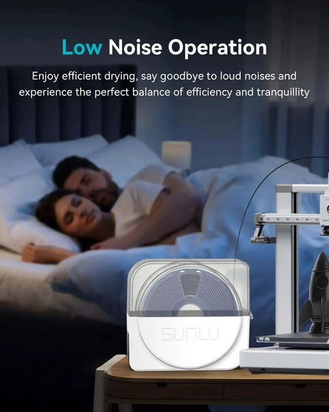 Filament Dryer And Storage Box With Built In Circulation Fan on table near 3D printer in bedroom, highlighting low noise operation