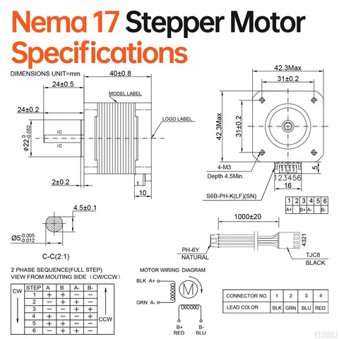 Technical diagram of High Torque Nema 17 Stepper Motor Bundle 10 Pack, showing dimensions, wiring, and specifications.