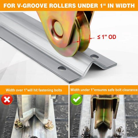 24 Ft V Track Galvanized Inverted V Track for Sliding Gates with Hardware Kit, close-up of track with roller width under 1 inch