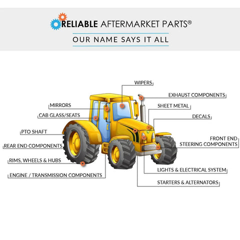 Illustration of a yellow tractor with labeled parts like mirrors, exhaust components, and steering components.