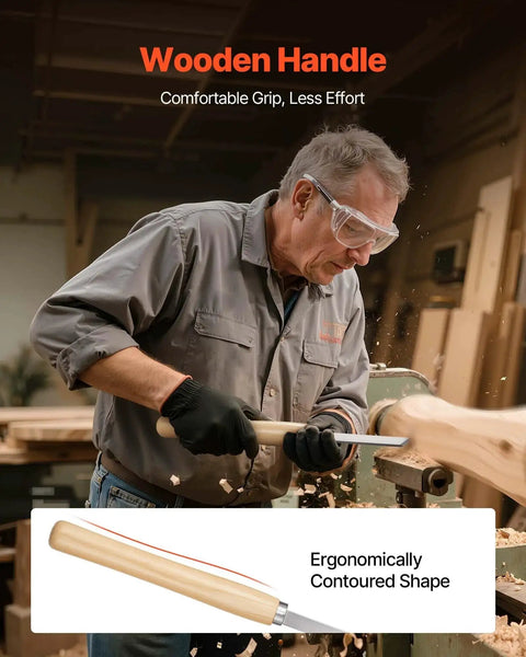 Man using 8-Piece Wood Lathe Tool Set With Carbon Steel Blades For Beginners To Pros Includes 2 Skew Chisels Spear Point Parting Tool