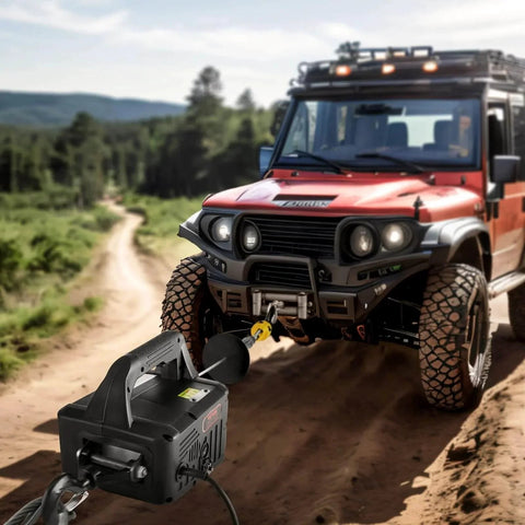 3 In 1 Electric Hoist Winch 1100 Lb Capacity 1500W Portable Crane pulling a red off-road vehicle on a dirt path