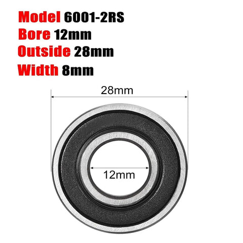 High Speed Double Sealed 6001 Ball Bearing 12mm ID 28mm OD 8mm Width ABEC3 with dimension labels and rubber seals
