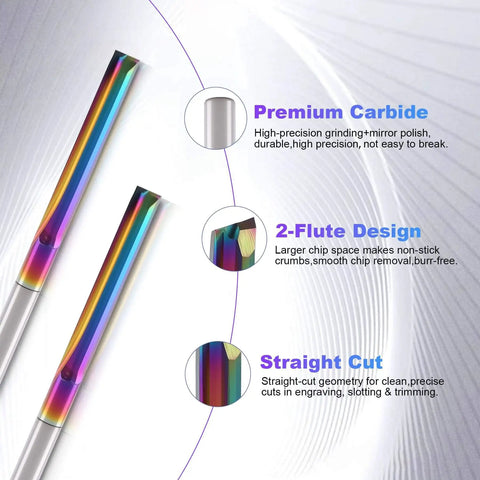 Close-up view of 10 Pack CNC Straight Router Bits 1/8 Inch Shank 2 Flute Carbide Straight Milling Cutter With DLC Coating 22mm Cutting Length 45mm Overall Length for MDF PVC Acrylic Chipboard And Woodworking, highlighting premium carbide, 2-flute design, and straight cut features.