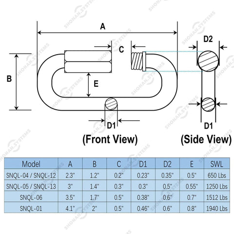 Technical diagram of 2.3 Inch Stainless Steel Chain Quick Links Set Of 5 With 1/4 Inch Locking Carabiners specifications.