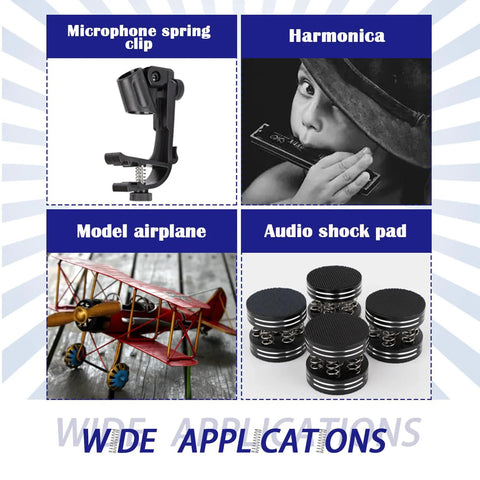4-item collage: microphone spring clip, harmonica, model airplane, audio shock pad; stainless steel springs