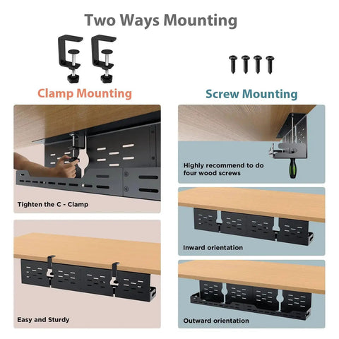 Two mounting methods for Under Desk Cable Management Tray 32 Inch Steel Cord Organizer, no drill C clamp and screw mount options shown.
