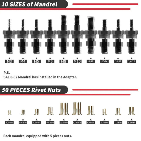 Cordless Drill Rivet Nut Tool Kit With 10 Mandrels And 50 Assorted Rivet Nuts In Rugged Carrying Case Turns Any Drill Into A Beast