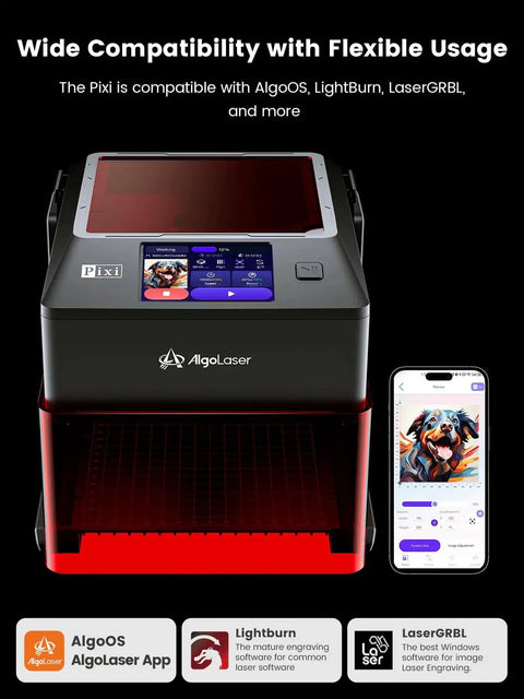 Portable 10W Laser Engraver For Wood Metal Glass With 3.5 Inch Touchscreen And AlgoOS No PC Needed Draw Direct Or Upload Designs Wirelessly Offline Engraving And Cutting By AlgoLaser, showing front view with displayed smartphone compatibility.